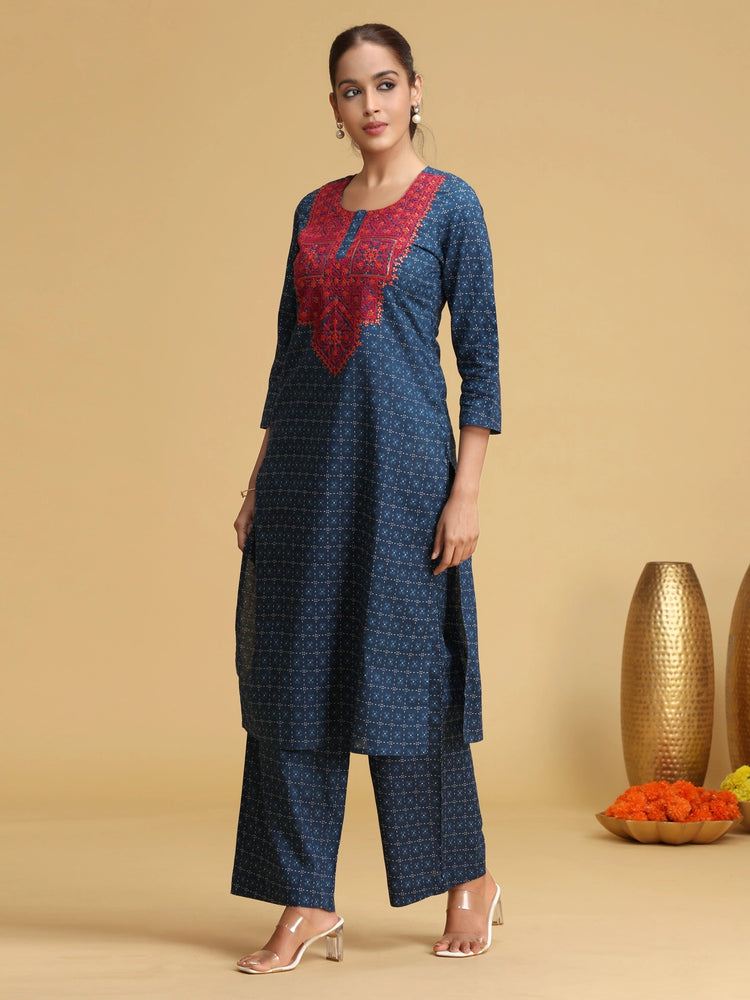 Blue Embroidered Cotton Straight Co-ord Set