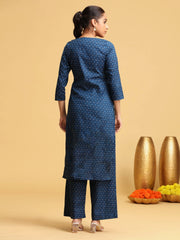 Blue Embroidered Cotton Straight Co-ord Set
