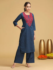 Blue Embroidered Cotton Straight Co-ord Set