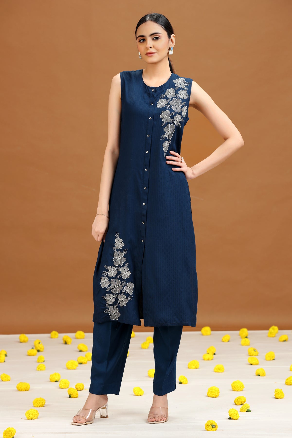 Indigo Blue Embroidered Straight Co ord Set