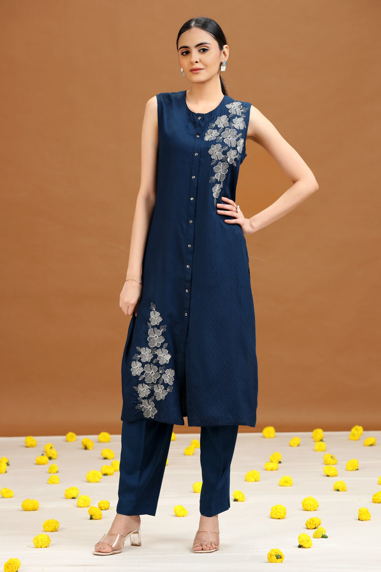Indigo Blue Embroidered Straight Co ord Set