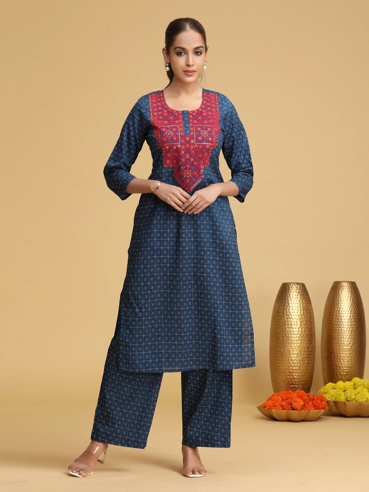 Blue Embroidered Cotton Straight Co-ord Set