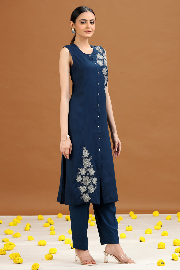 Indigo Blue Embroidered Straight Co ord Set