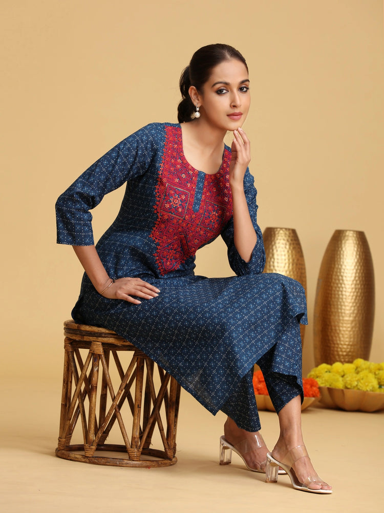 Blue Embroidered Cotton Straight Co-ord Set