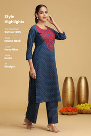 Blue Embroidered Cotton Straight Co-ord Set