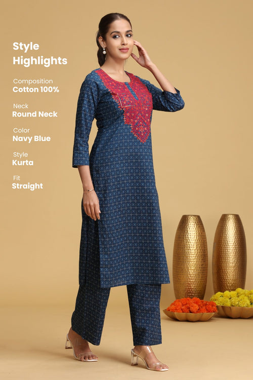 Blue Embroidered Cotton Straight Co-ord Set