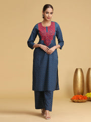 Blue Embroidered Cotton Straight Co-ord Set