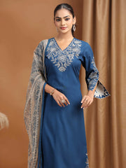 Indigo Blue Embroidered Straight Ethnic Set