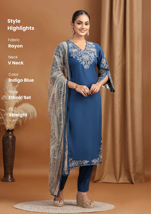 Indigo Blue Embroidered Straight Ethnic Set