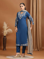 Indigo Blue Embroidered Straight Ethnic Set