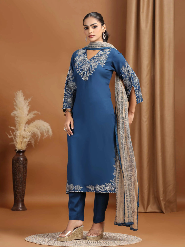 Indigo Blue Embroidered Straight Ethnic Set