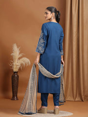 Indigo Blue Embroidered Straight Ethnic Set