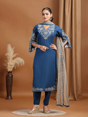 Indigo Blue Embroidered Straight Ethnic Set
