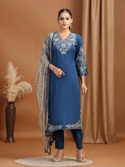 Indigo Blue Embroidered Straight Ethnic Set