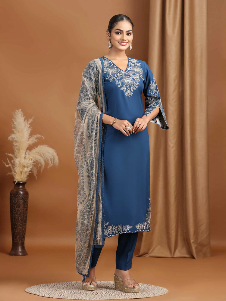 Indigo Blue Embroidered Straight Ethnic Set