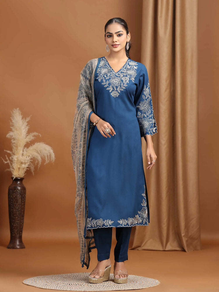 Indigo Blue Embroidered Straight Ethnic Set