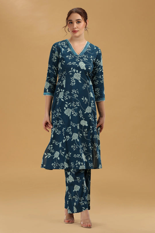 Indigo Blue Flex Cotton Floral Printed A Line Kurta Pant Co Ord Set for women