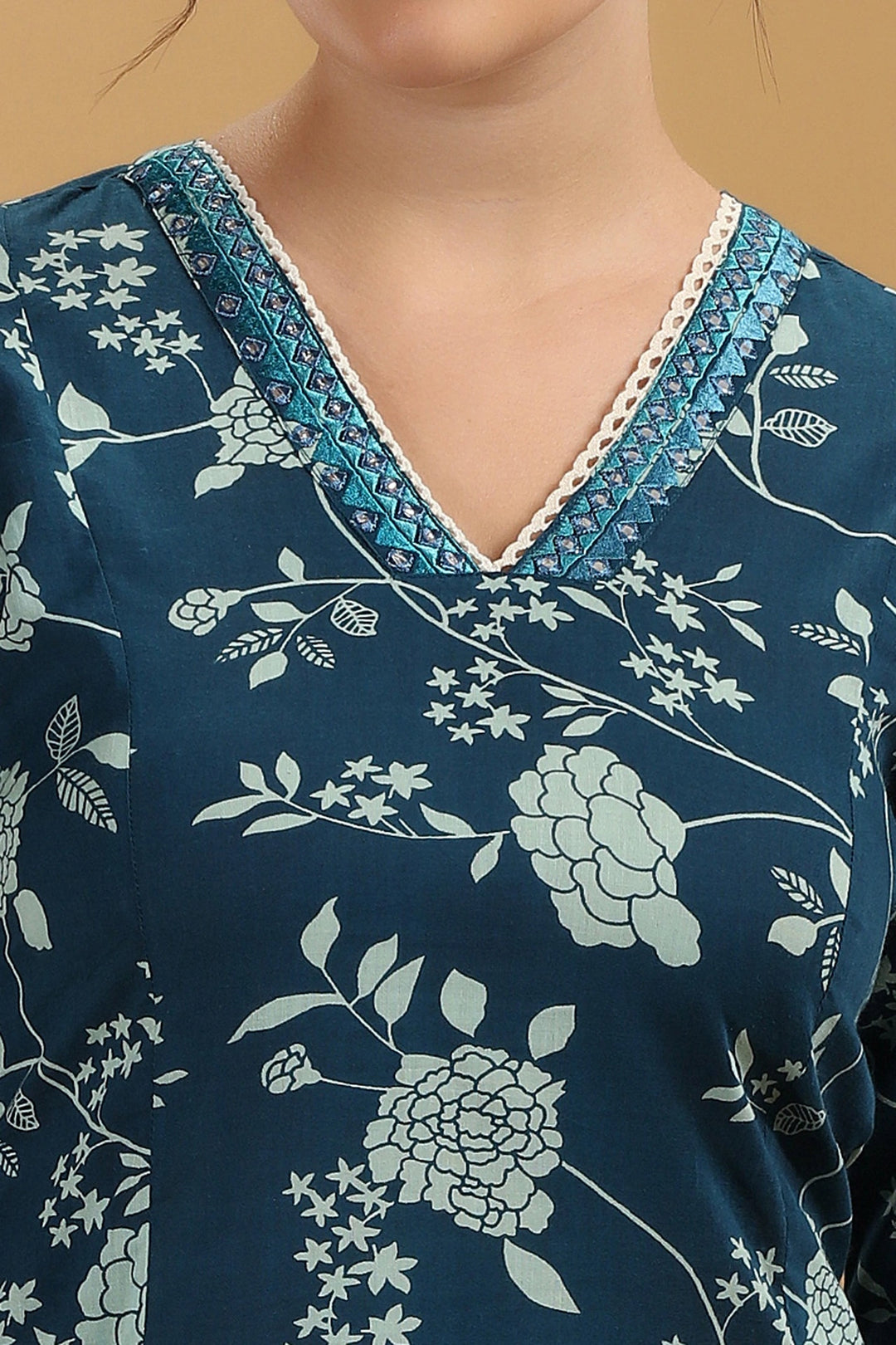 Indigo Blue Flex Cotton Floral Printed A Line Kurta Pant Co Ord Set for women