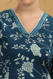 Indigo Blue Flex Cotton Floral Printed A Line Kurta Pant Co Ord Set for women