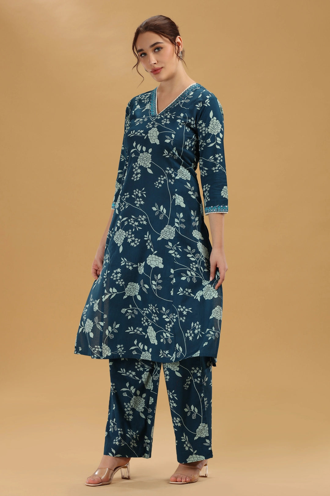 Indigo Blue Flex Cotton Floral Printed A Line Kurta Pant Co Ord Set for women
