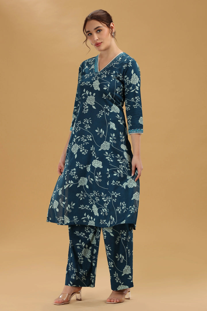 Indigo Blue Flex Cotton Floral Printed A Line Kurta Pant Co Ord Set for women