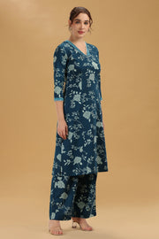 Indigo Blue Flex Cotton Floral Printed A Line Kurta Pant Co Ord Set for women