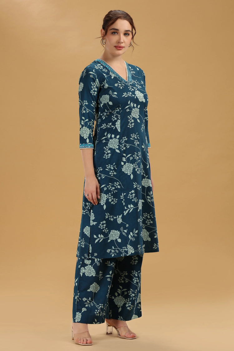 Indigo Blue Flex Cotton Floral Printed A Line Kurta Pant Co Ord Set for women
