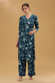 Indigo Blue Flex Cotton Floral Printed A Line Kurta Pant Co Ord Set for women