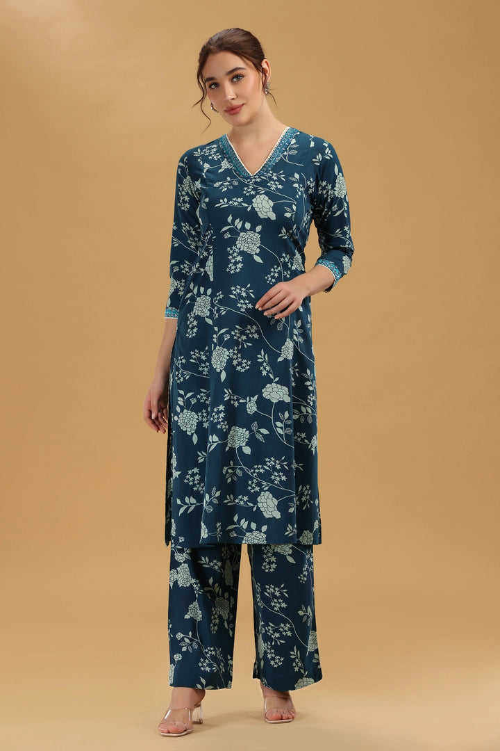 Indigo Blue Flex Cotton Floral Printed A Line Kurta Pant Co Ord Set for women