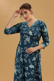 Indigo Blue Flex Cotton Floral Printed A Line Kurta Pant Co Ord Set for women