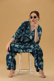 Indigo Blue Flex Cotton Floral Printed A Line Kurta Pant Co Ord Set for women