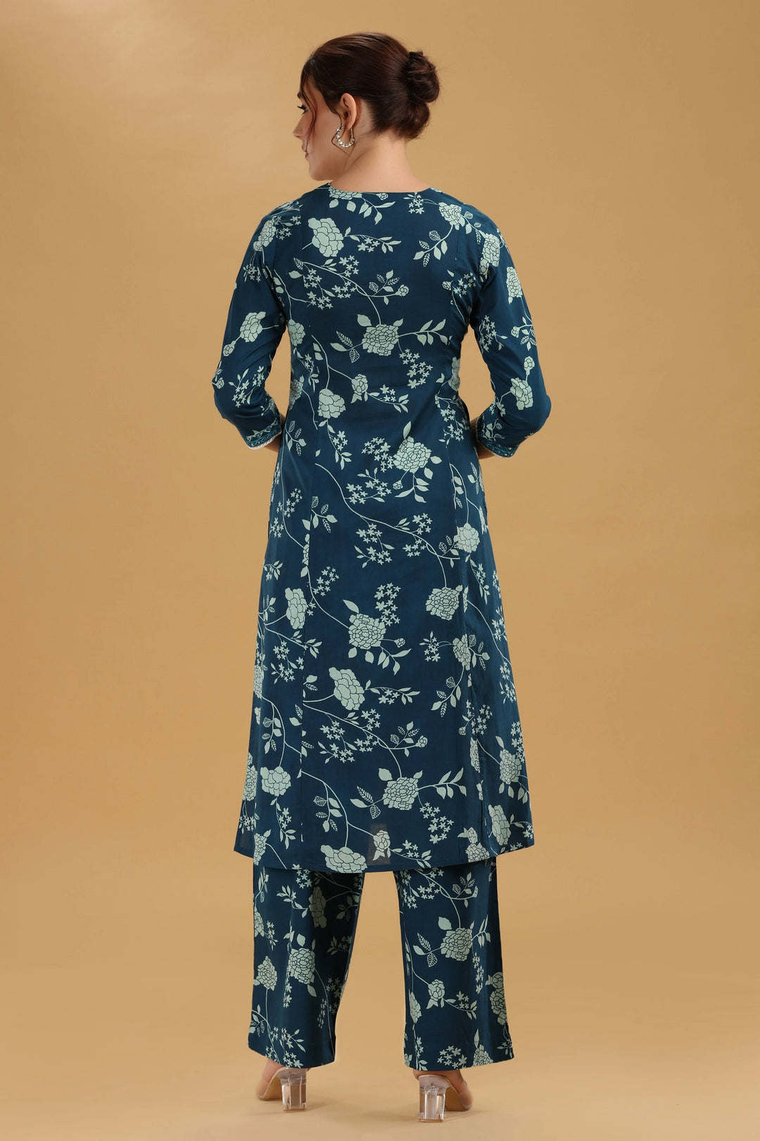 Indigo Blue Flex Cotton Floral Printed A Line Kurta Pant Co Ord Set for women