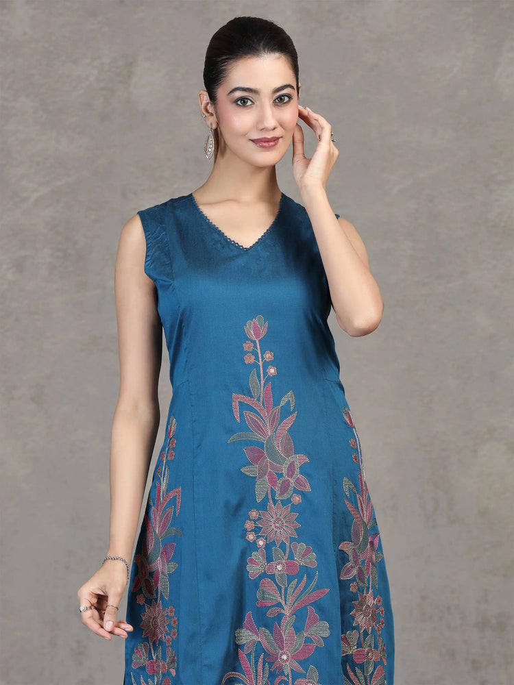 Indigo Blue Floral Embroidered A-Line Co-ord Set