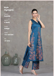 Indigo Blue Floral Embroidered A-Line Co-ord Set