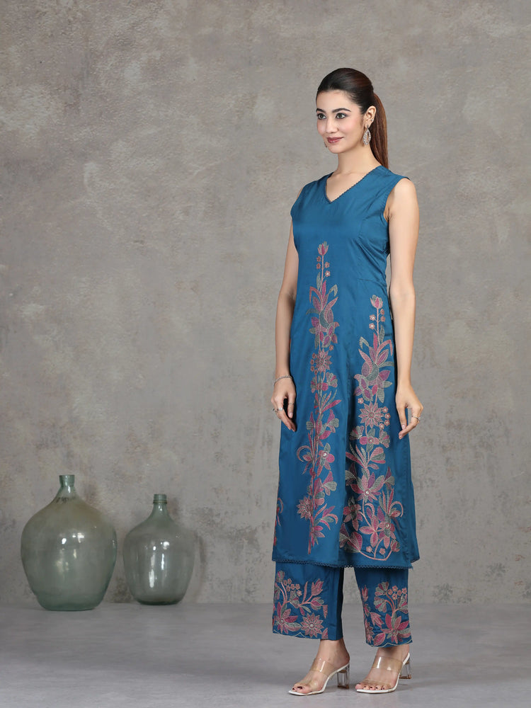 Indigo Blue Floral Embroidered A-Line Co-ord Set