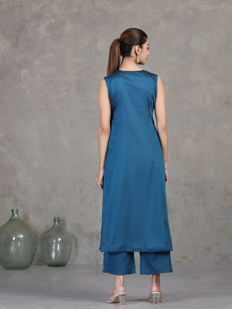 Indigo Blue Floral Embroidered A-Line Co-ord Set