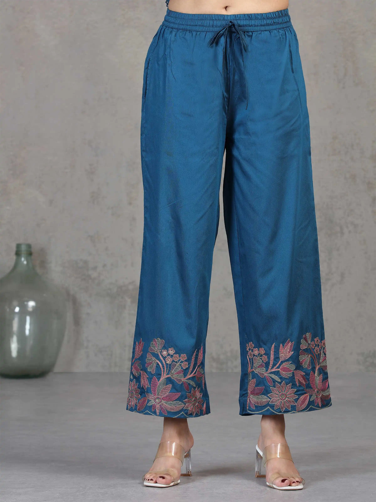 Indigo Blue Floral Embroidered A-Line Co-ord Set