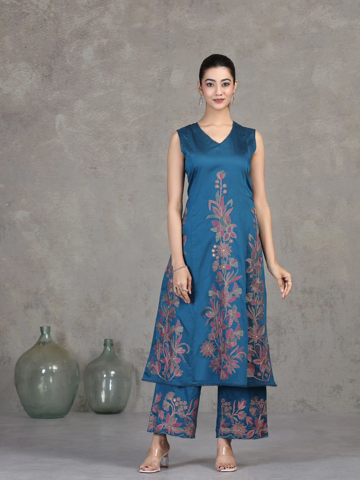 Indigo Blue Floral Embroidered A-Line Co-ord Set