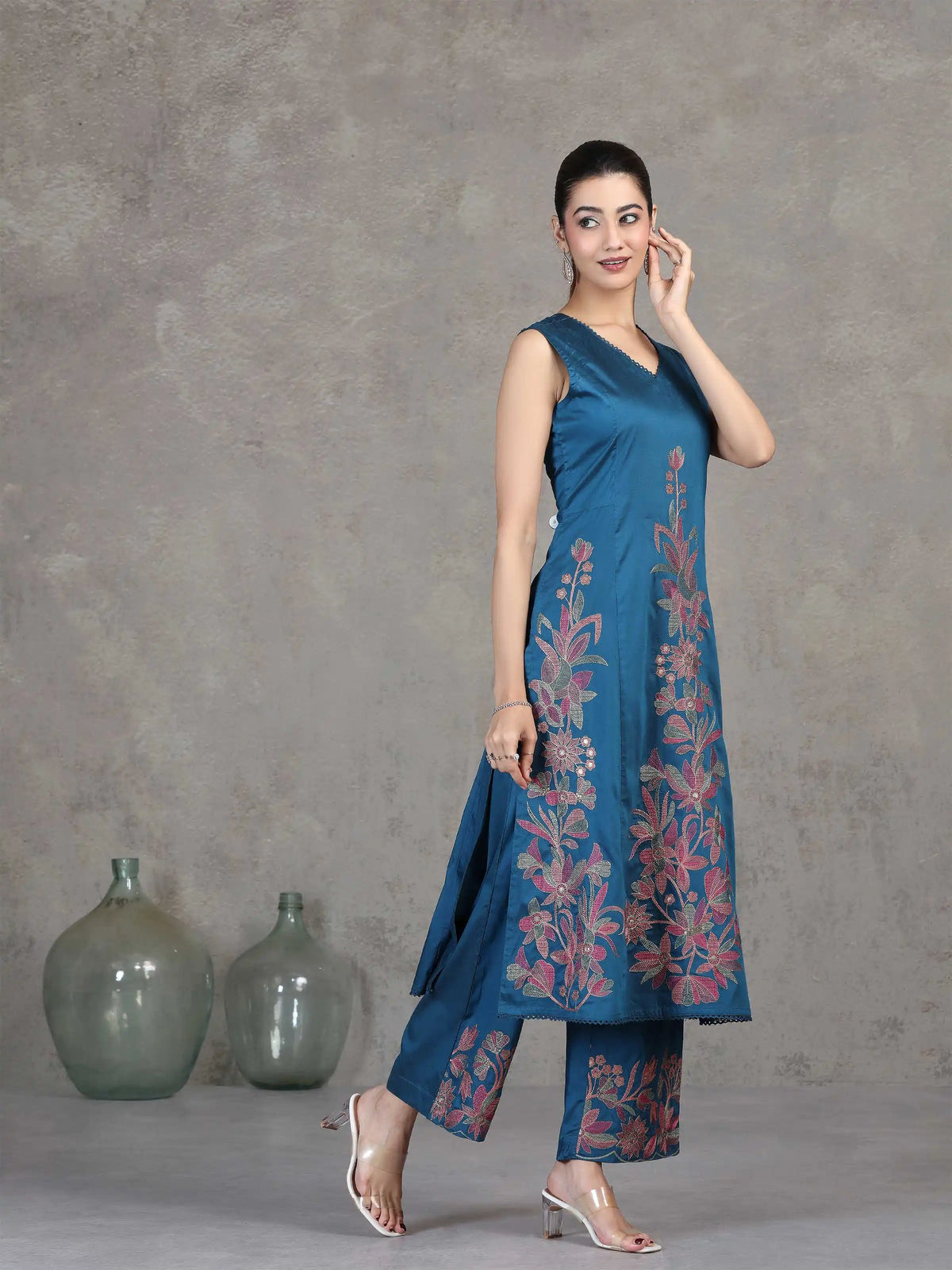 Indigo Blue Floral Embroidered A-Line Co-ord Set