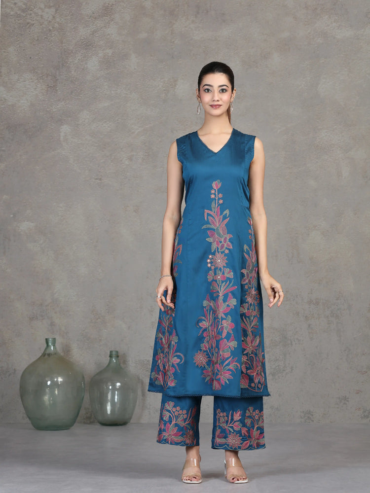 Indigo Blue Floral Embroidered A-Line Co-ord Set