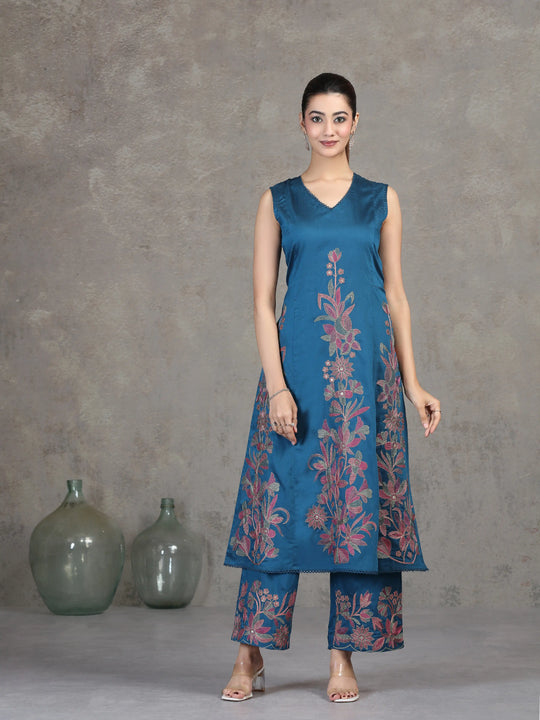 Indigo Blue Floral Embroidered A-Line Co-ord Set