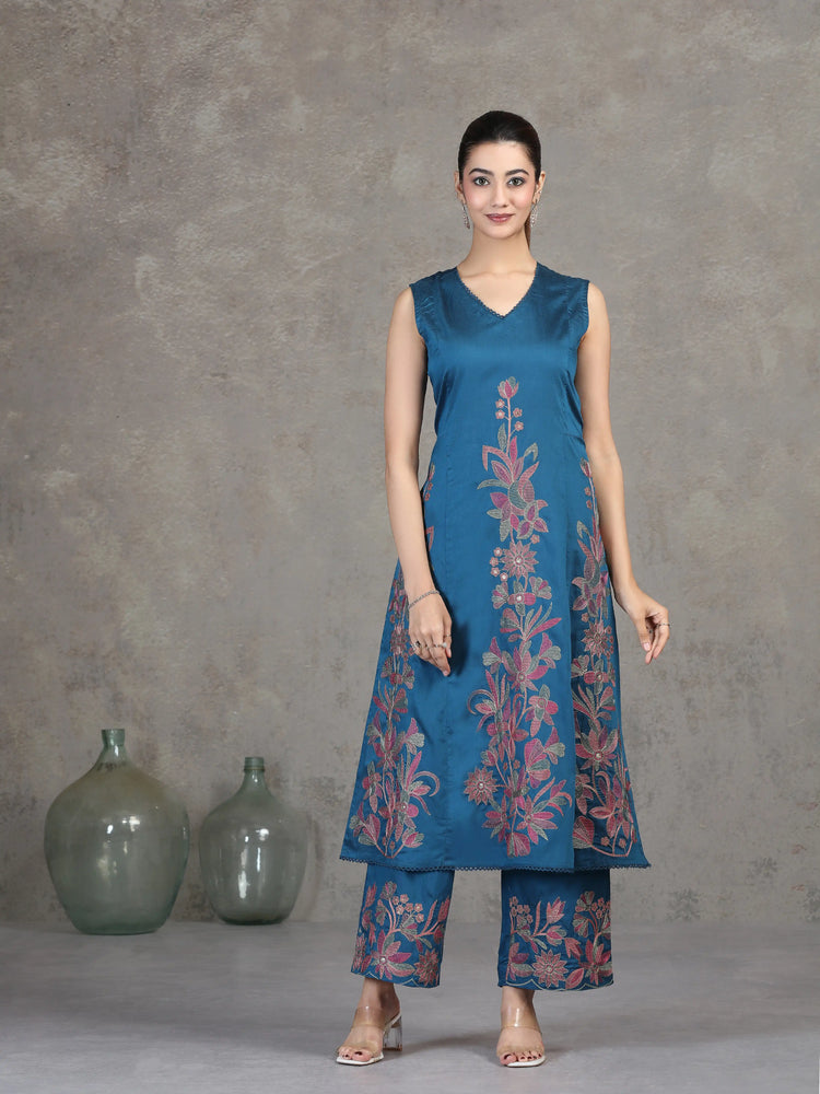 Indigo Blue Floral Embroidered A-Line Co-ord Set