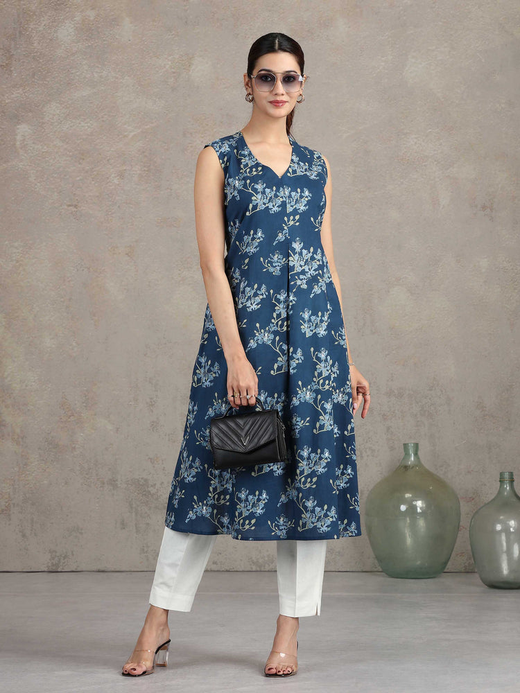 Indigo Blue Floral Printed A-Line Kurta
