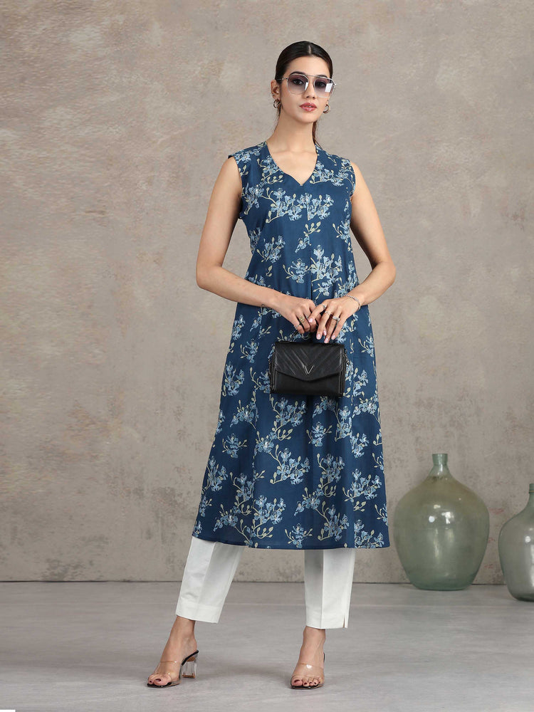 Indigo Blue Floral Printed A-Line Kurta