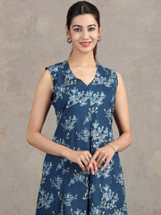 Indigo Blue Floral Printed A-Line Kurta