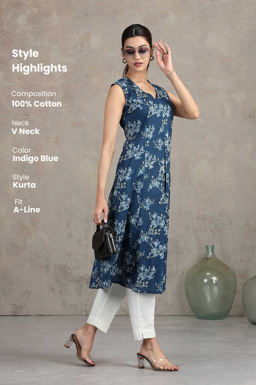 Indigo Blue Floral Printed A-Line Kurta