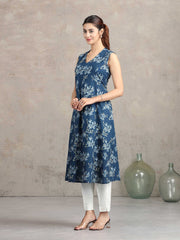 Indigo Blue Floral Printed A-Line Kurta