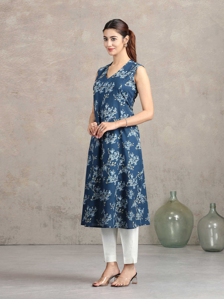 Indigo Blue Floral Printed A-Line Kurta