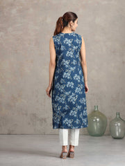 Indigo Blue Floral Printed A-Line Kurta