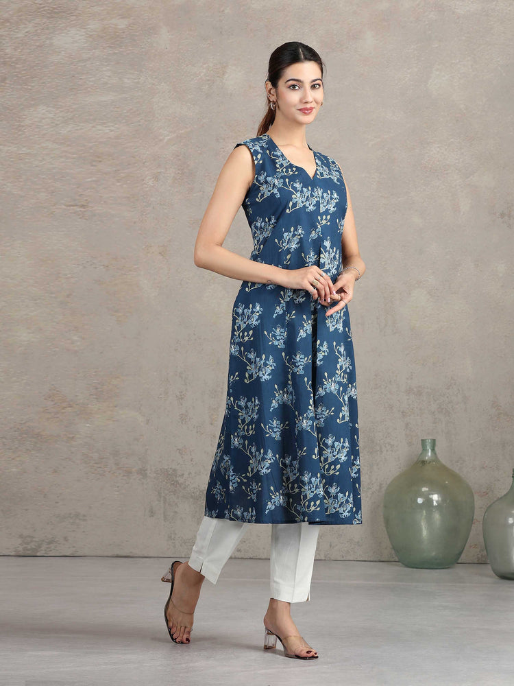 Indigo Blue Floral Printed A-Line Kurta
